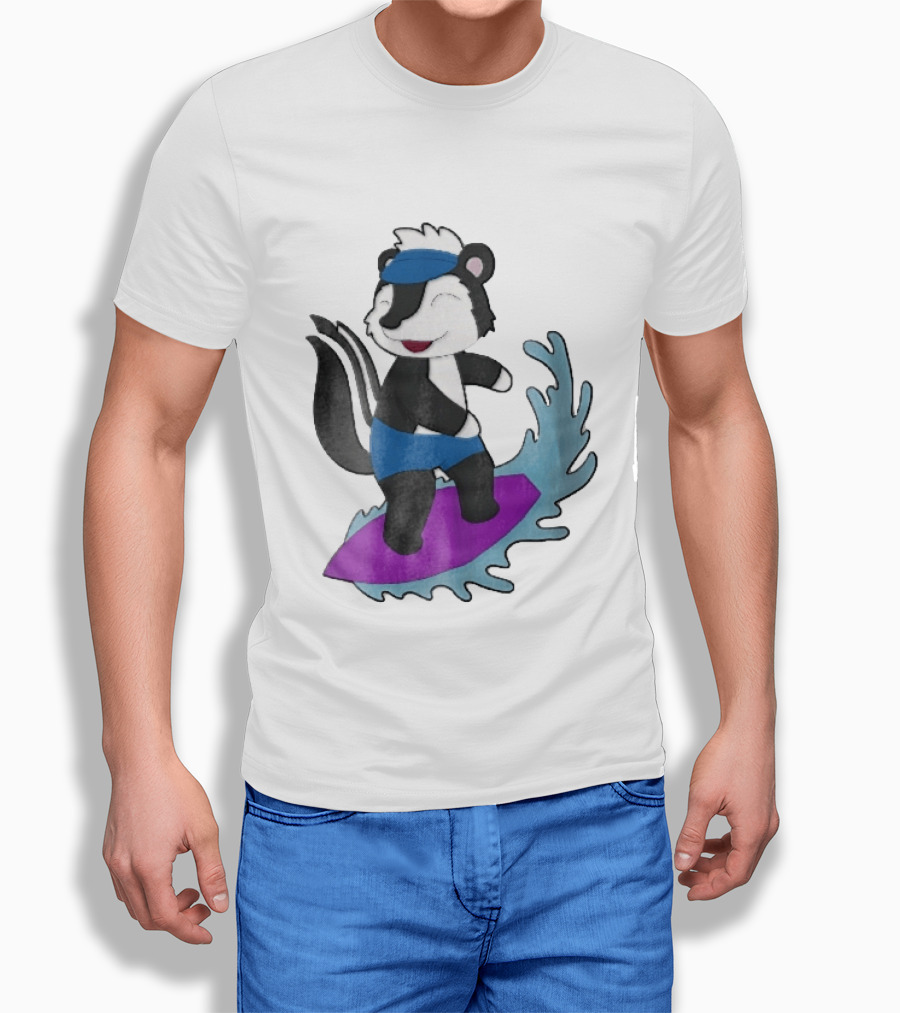 Skunk Surfing Cartoon On Purple Surfboard With Blue Waves And Summer Vibes T-Shirt
