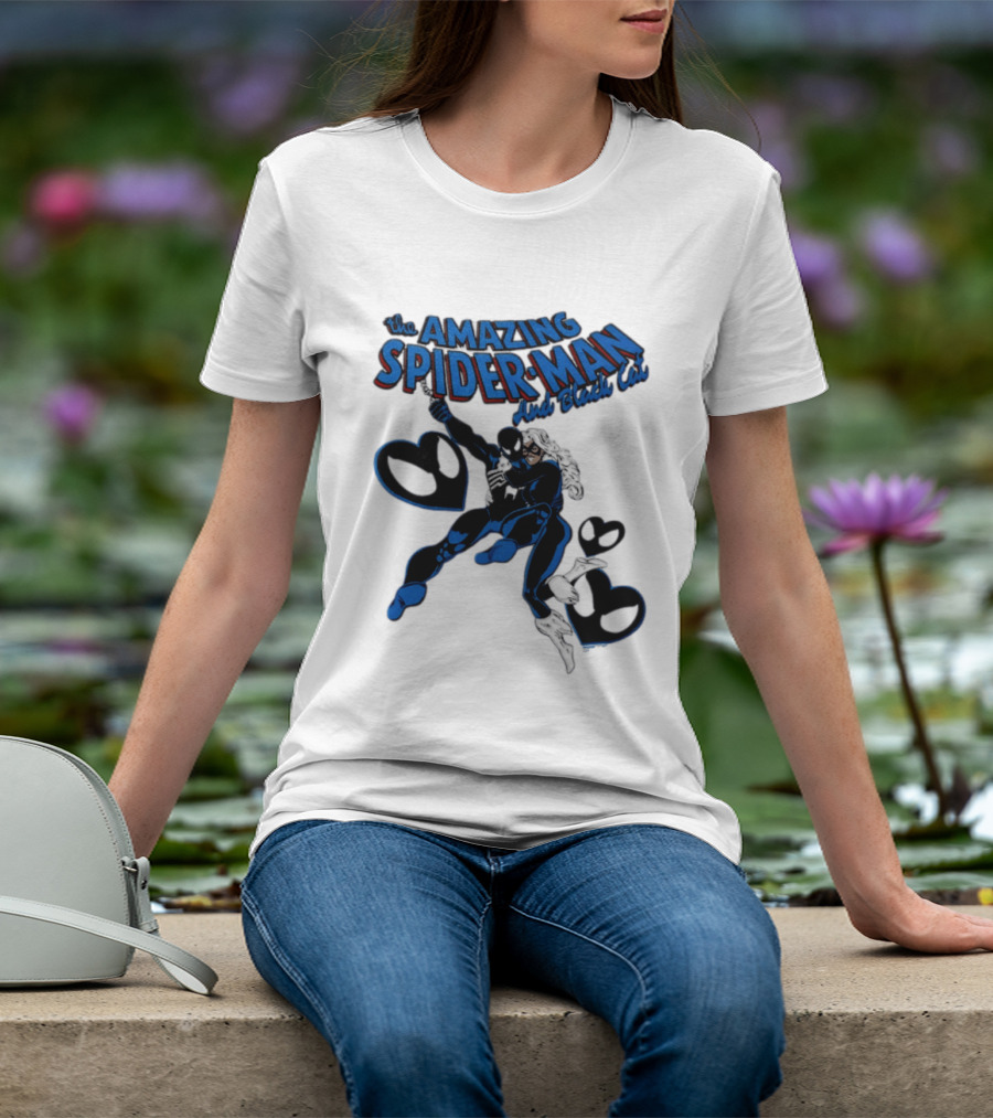 The Amazing Spider Man Hugs Black Cat With Hearts T-Shirt