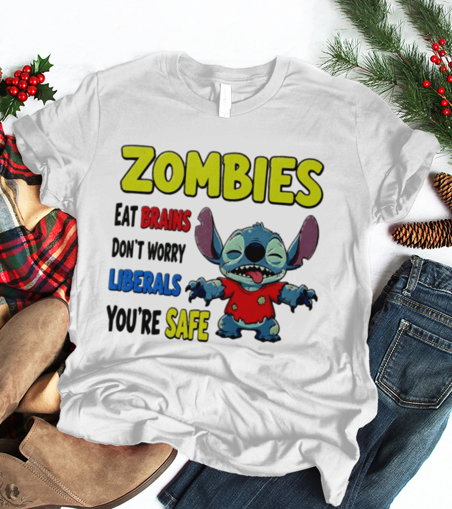 Zombies Eat Brains Don't Worry Liberals You're Safe Stitch Cartoon Creature Stitched Red T-Shirt