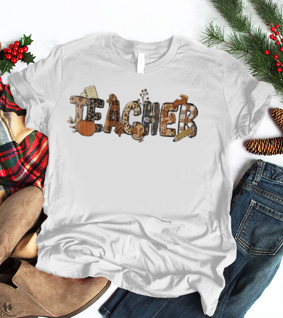 Teacher Fall Autumn Pumpkin Globe Pencil Pie Slice T-Shirt