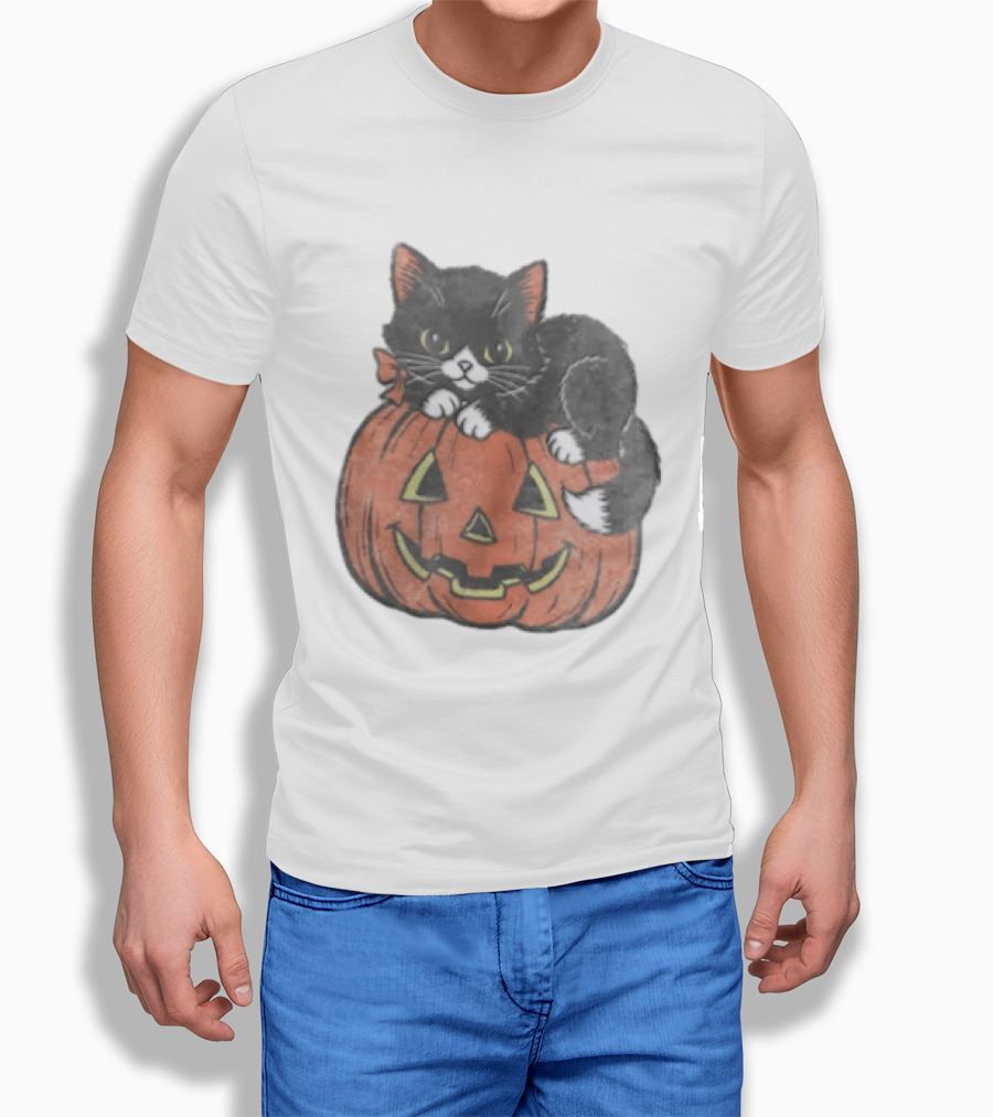 The Pumpkin Cat Halloween Black Cat On Jack O' Lantern T-Shirt