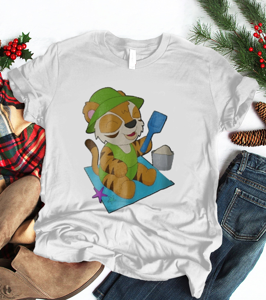 Playful Tiger Beach Sand Adventure Summer Scene T-Shirt