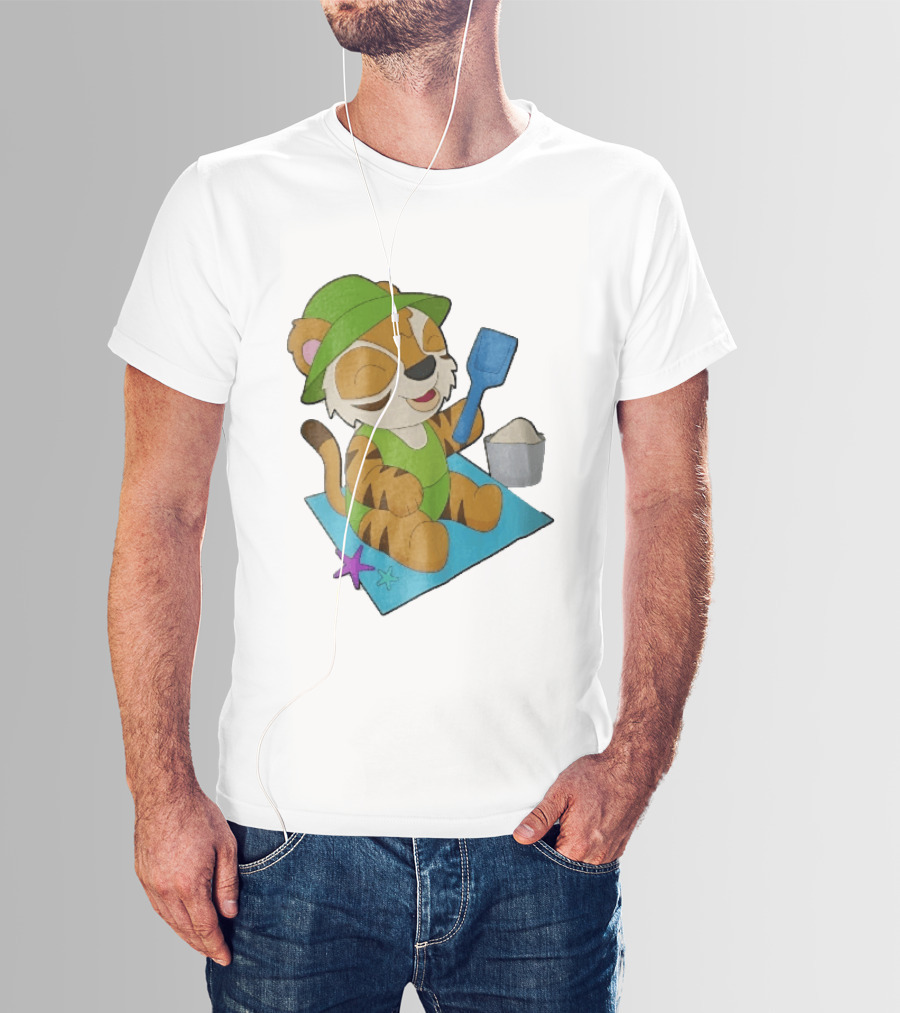 Playful Tiger Beach Sand Adventure Summer Scene T-Shirt