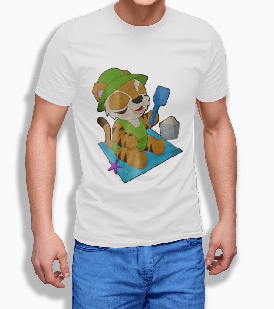 Playful Tiger Beach Sand Adventure Summer Scene T-Shirt