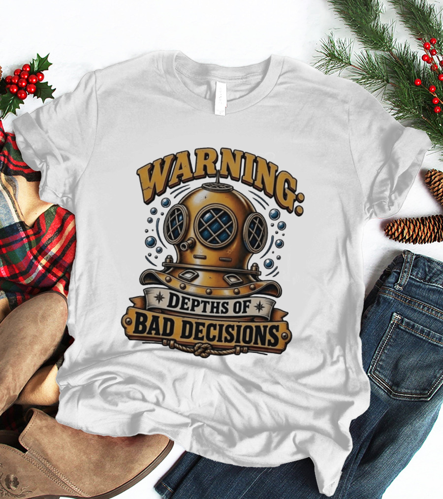 Warning Depths Of Bad Decisions Vintage Diving Helmet Adventure T-Shirt