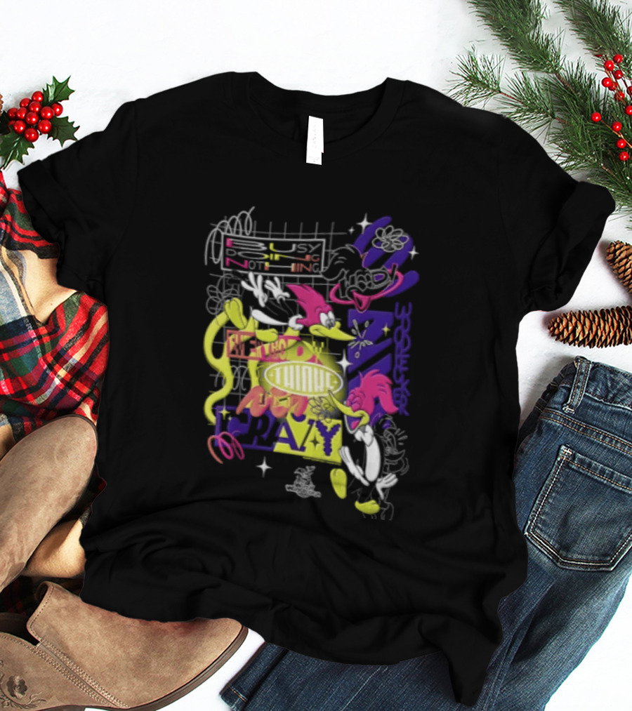 Busy Doing Nothing Everybody Thinks I'm Crazy Woody Woodpecker Walter Lantz Neon Grid Poses T-Shirt