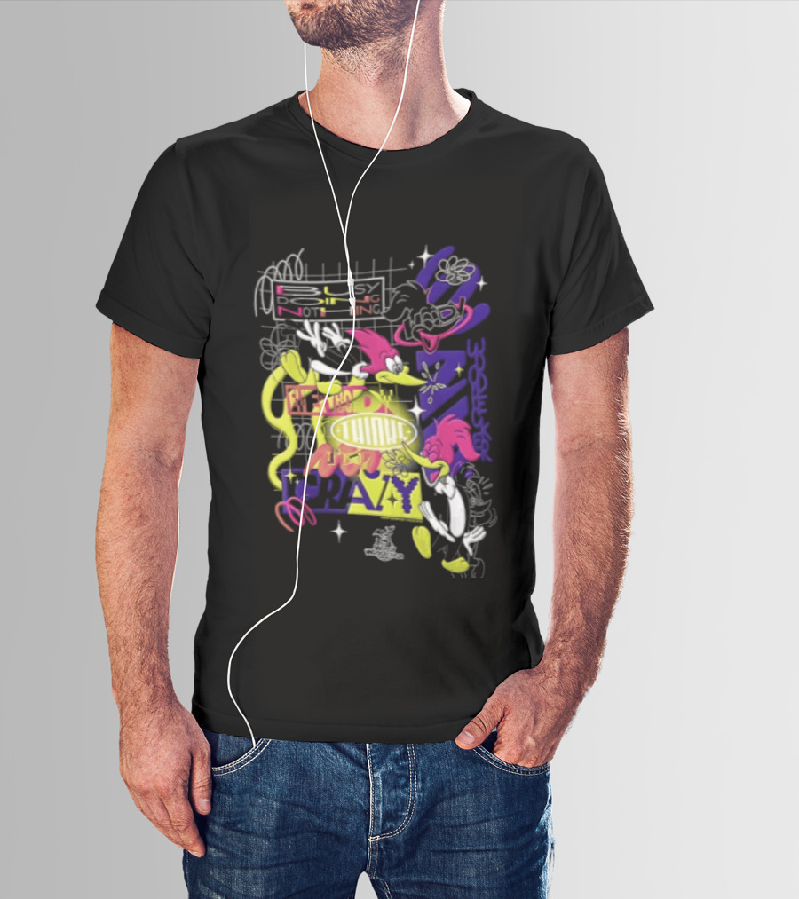 Busy Doing Nothing Everybody Thinks I'm Crazy Woody Woodpecker Walter Lantz Neon Grid Poses T-Shirt