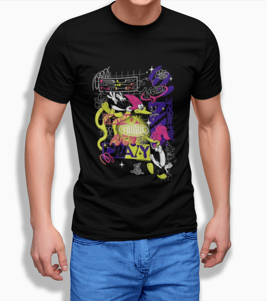 Busy Doing Nothing Everybody Thinks I'm Crazy Woody Woodpecker Walter Lantz Neon Grid Poses T-Shirt
