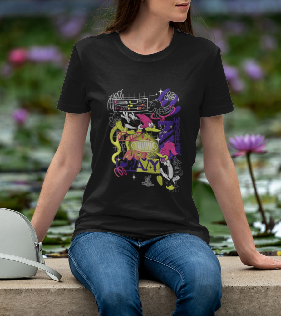 Busy Doing Nothing Everybody Thinks I'm Crazy Woody Woodpecker Walter Lantz Neon Grid Poses T-Shirt
