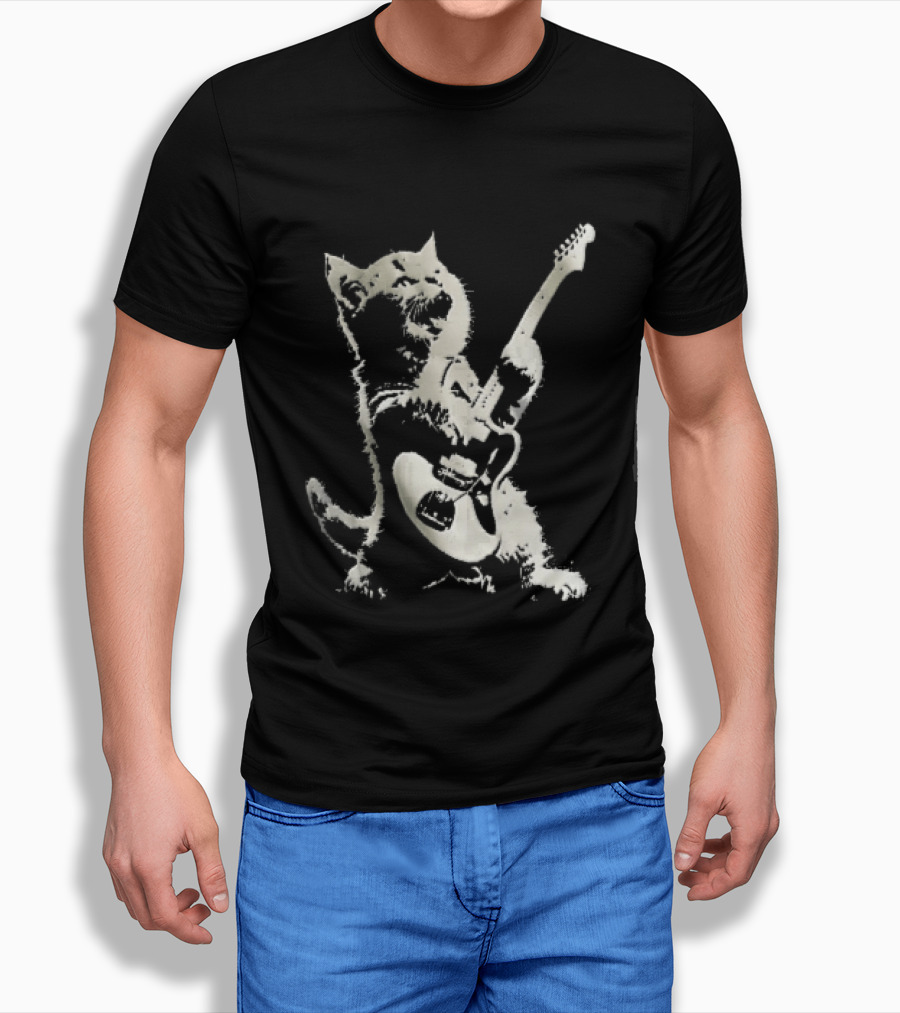 Cat Playing Electric Guitar Rocker Meowing Stencil Splatter Black And White T-Shirt