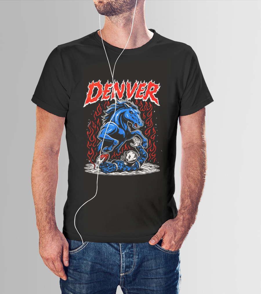 Denver Broncos Blue Horse Fire Football Player Flame T-Shirt