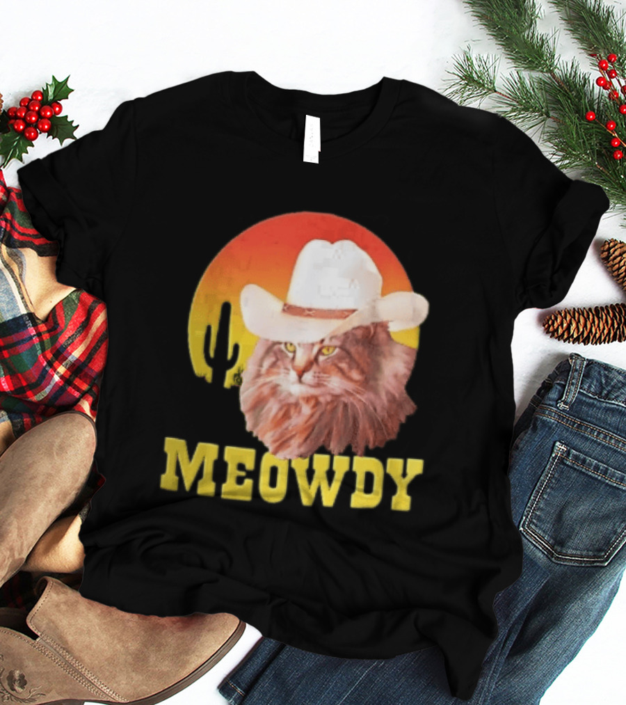 Meowdy Cowboy Cat In White Hat With Sunset And Cactus T-Shirt