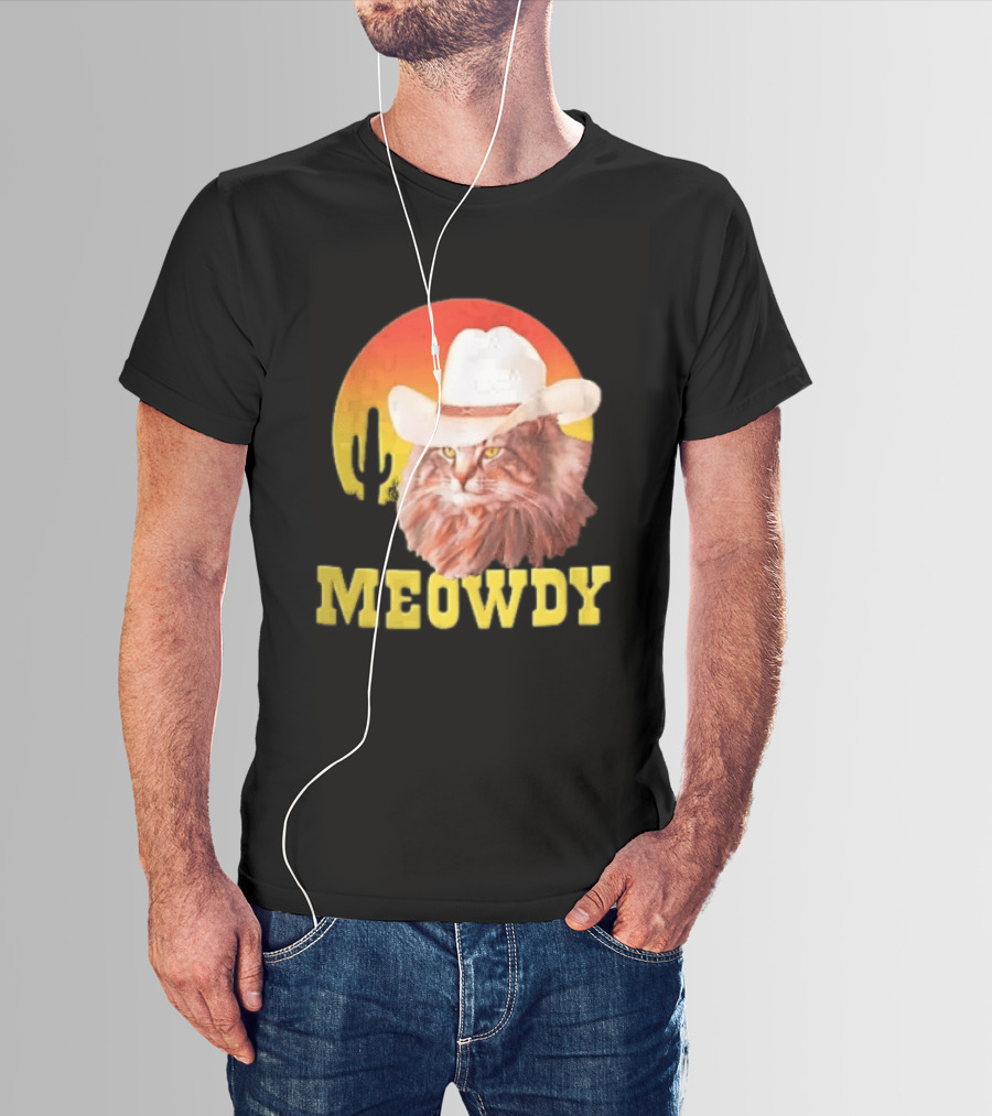 Meowdy Cowboy Cat In White Hat With Sunset And Cactus T-Shirt