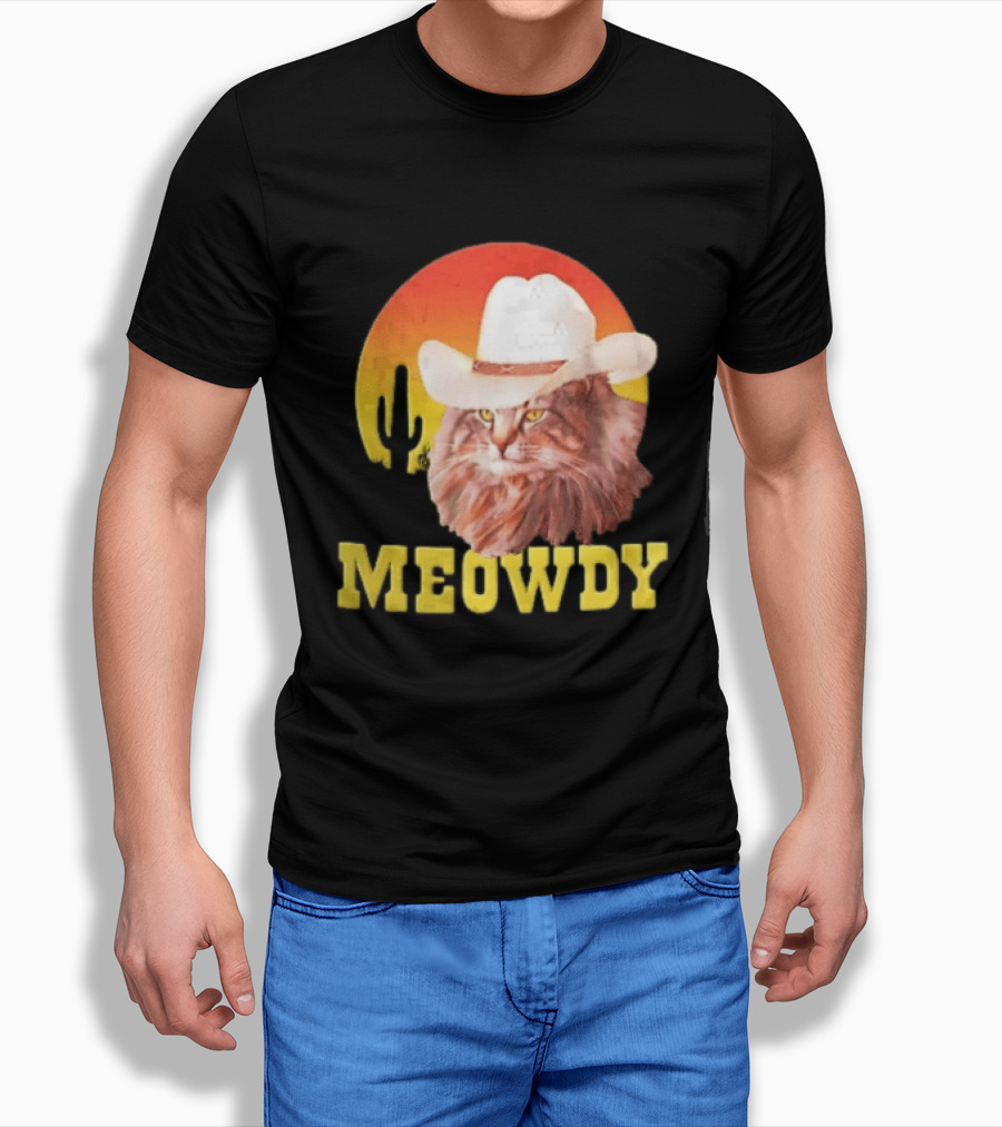 Meowdy Cowboy Cat In White Hat With Sunset And Cactus T-Shirt