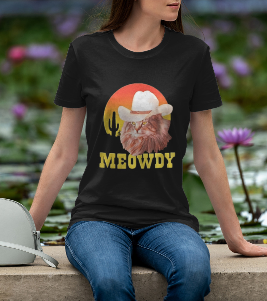 Meowdy Cowboy Cat In White Hat With Sunset And Cactus T-Shirt