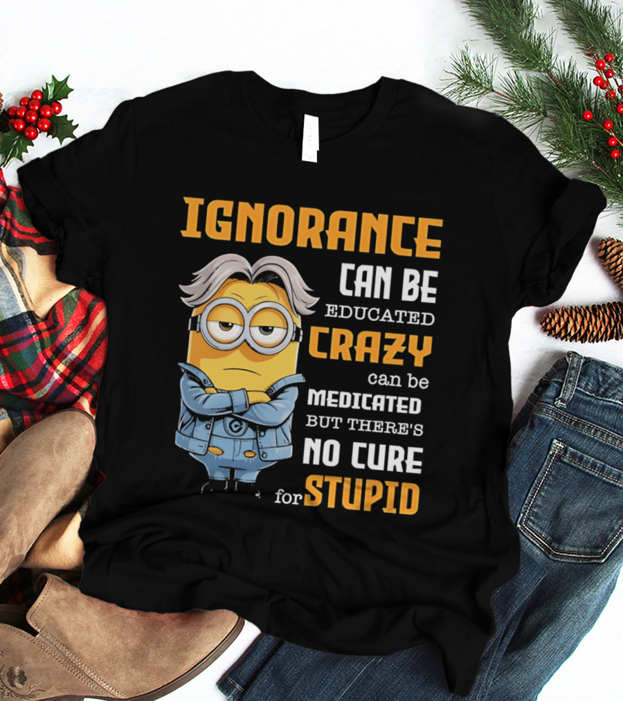 Ignorance Can Be Educated Crazy Can Be Medicated No Cure For Stupid Minion T-Shirt