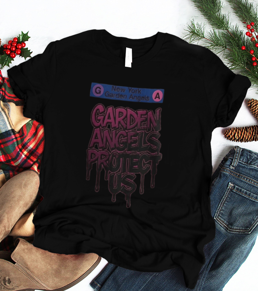 New York Garden Angels Protect Us Dripping Graffiti Subway Sign T-Shirt