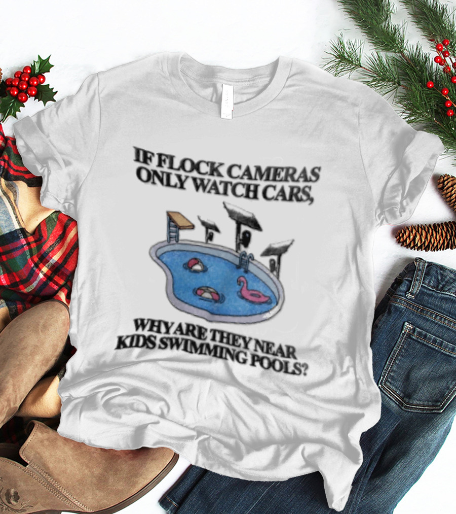 Flock Cameras Cars Near Swimming Pools Pink Flamingo Float Solar Panels Cartoon T-Shirt