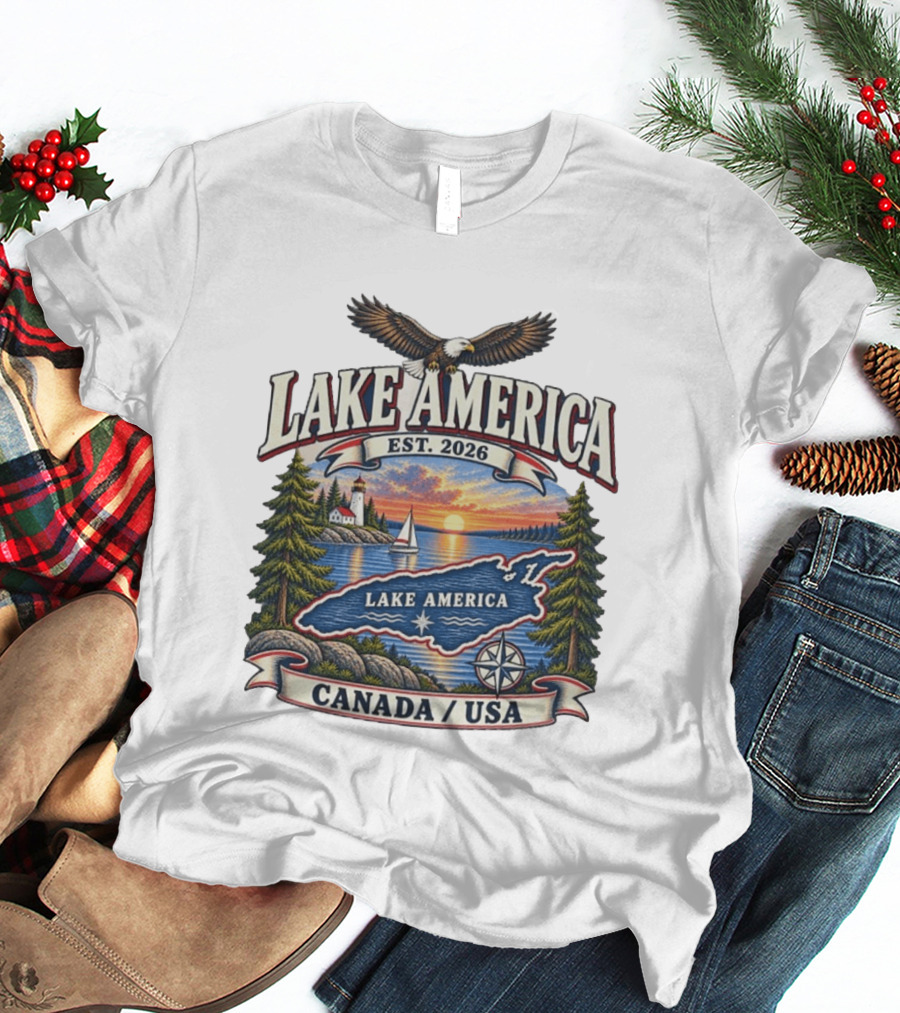 Lake America Est. 2026 Great Lakes Canada USA Scenic Sunset Eagle Sailboat T-Shirt