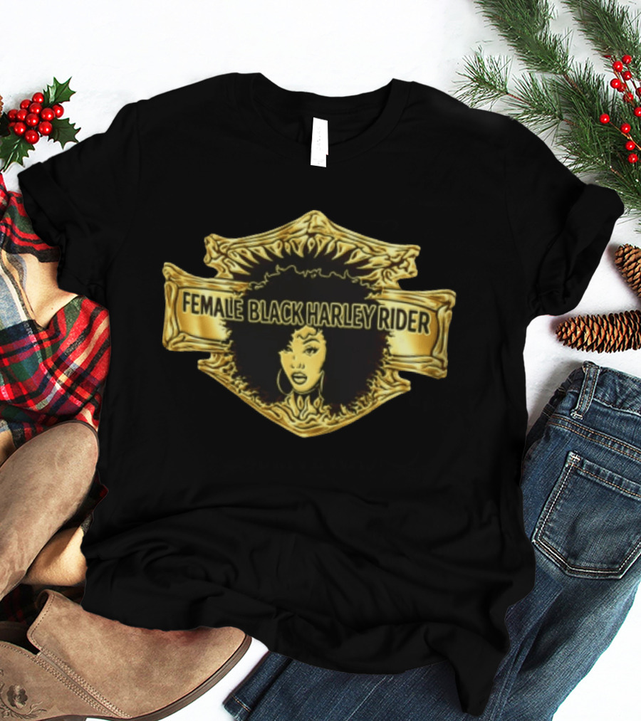 Female Black Harley Rider Gold Ornate Shield Afro T-Shirt