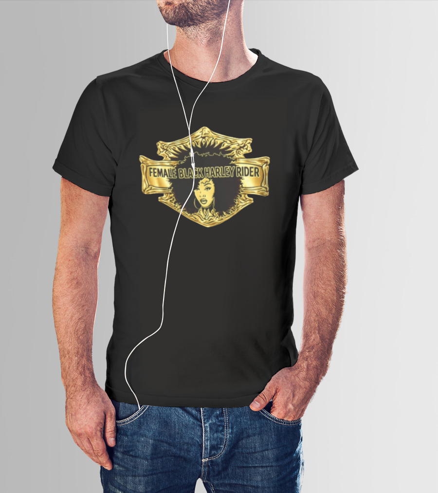 Female Black Harley Rider Gold Ornate Shield Afro T-Shirt