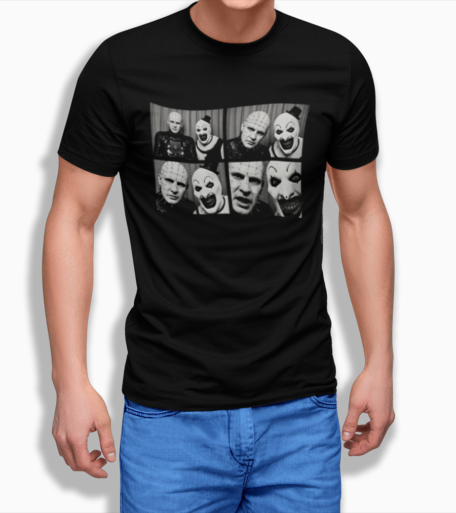 The Clown & Pinhead Horror Mystery Mashup Photo Booth T-Shirt
