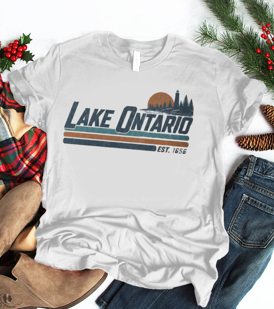 Lake Ontario Established 1956 Vintage Stripe Sunset With Lighthouse And Trees T-Shirt