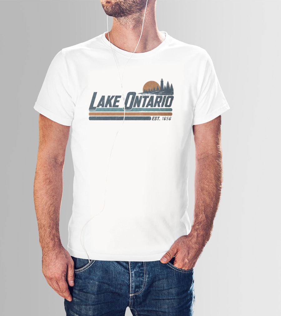 Lake Ontario Established 1956 Vintage Stripe Sunset With Lighthouse And Trees T-Shirt