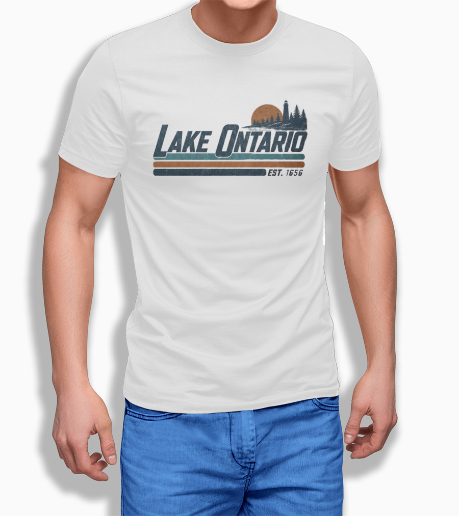 Lake Ontario Established 1956 Vintage Stripe Sunset With Lighthouse And Trees T-Shirt