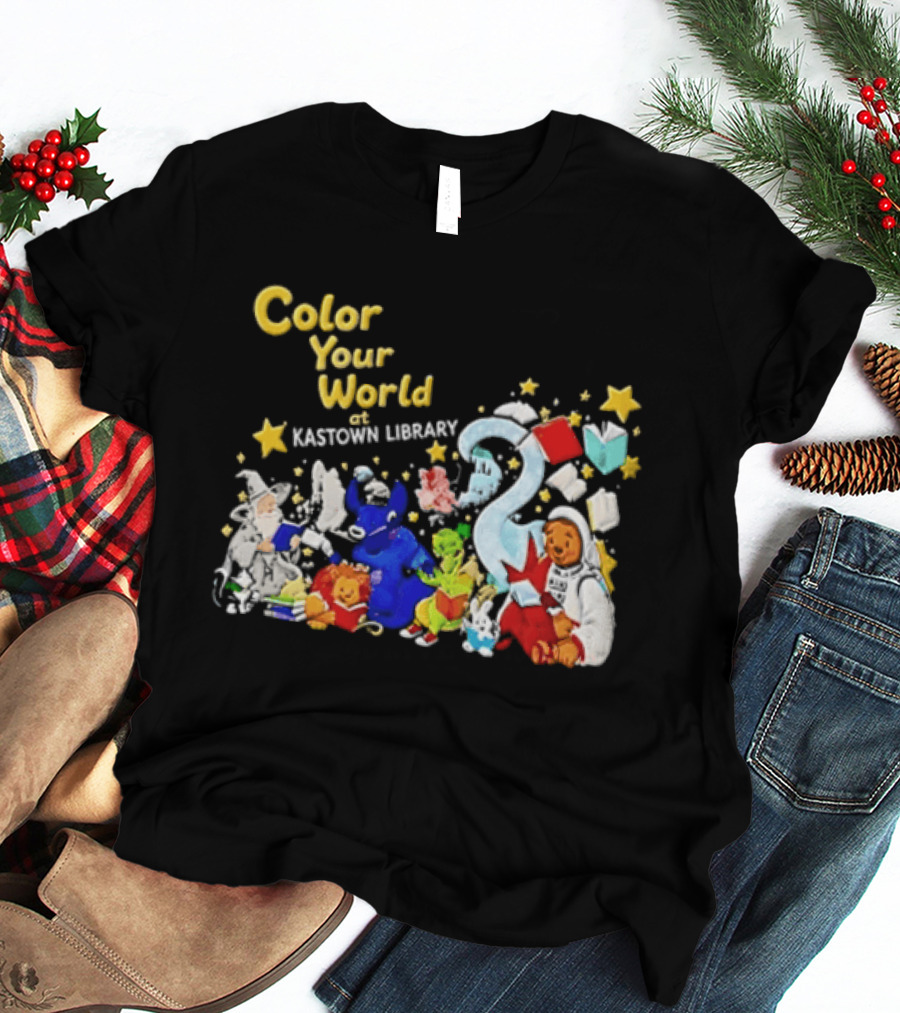 Color Your World At Kastown Library With Reading Books And Vibrant Characters T-Shirt