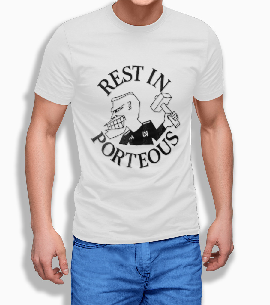 Rest In Porteous Cartoon Caricature Man Holding Hammer T-Shirt