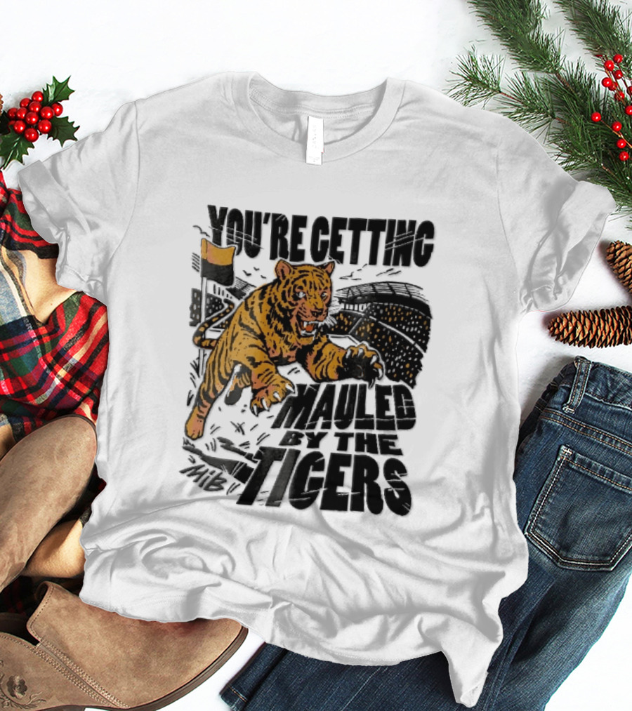 You're Getting Mauled By The Tigers Leaping Aggressive Stadium Crowd Corner Flag Woodcut T-Shirt