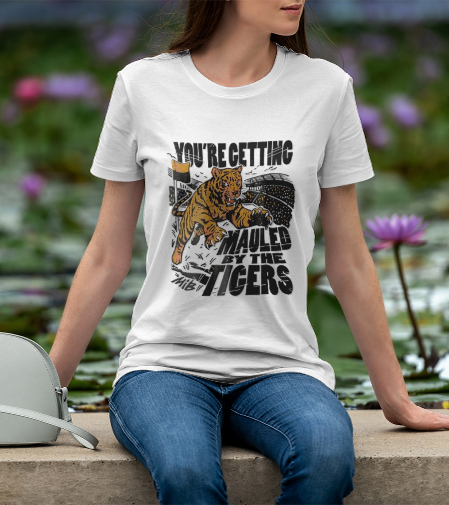 You're Getting Mauled By The Tigers Leaping Aggressive Stadium Crowd Corner Flag Woodcut T-Shirt