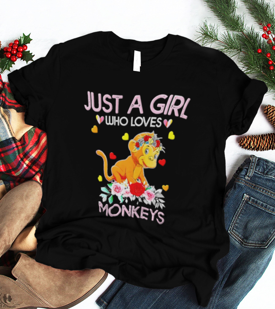 Just A Girl Who Loves Monkeys With Hearts And Flowers T-Shirt