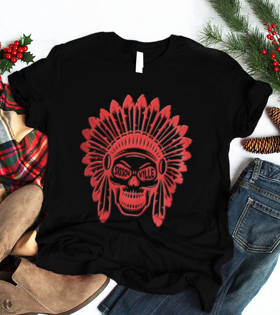 Sissonville Indian Chief Skull Headdress Red Feather Motif T-Shirt