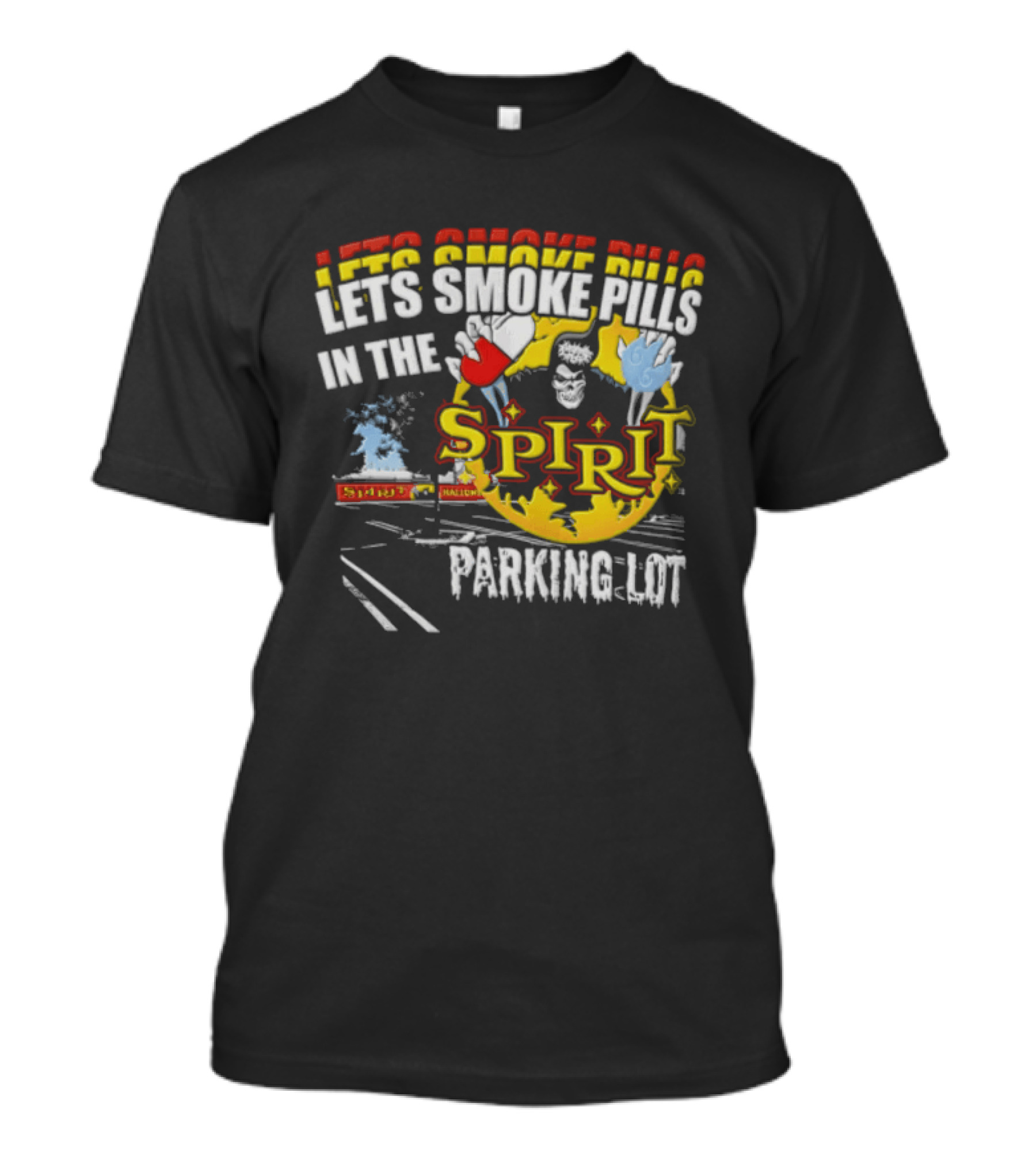Let's Smoke Pills In The Spirit Halloween Parking Lot Grim Reaper Skeleton Holding Capsule Yellow Flames T-Shirt