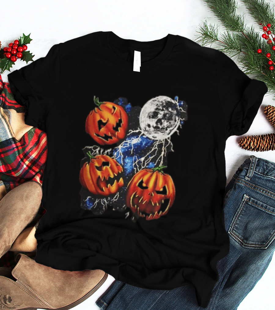 Halloween Pumpkins Skull Moon Lightning T-Shirt