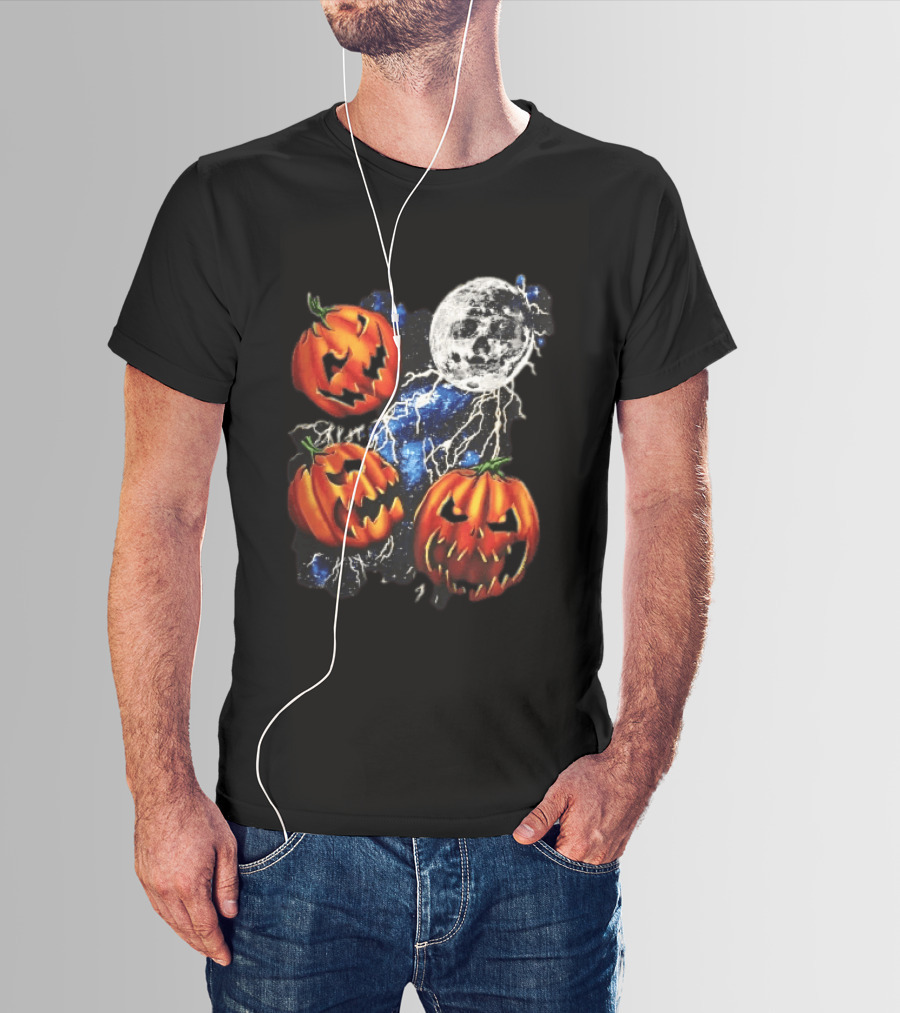 Halloween Pumpkins Skull Moon Lightning T-Shirt