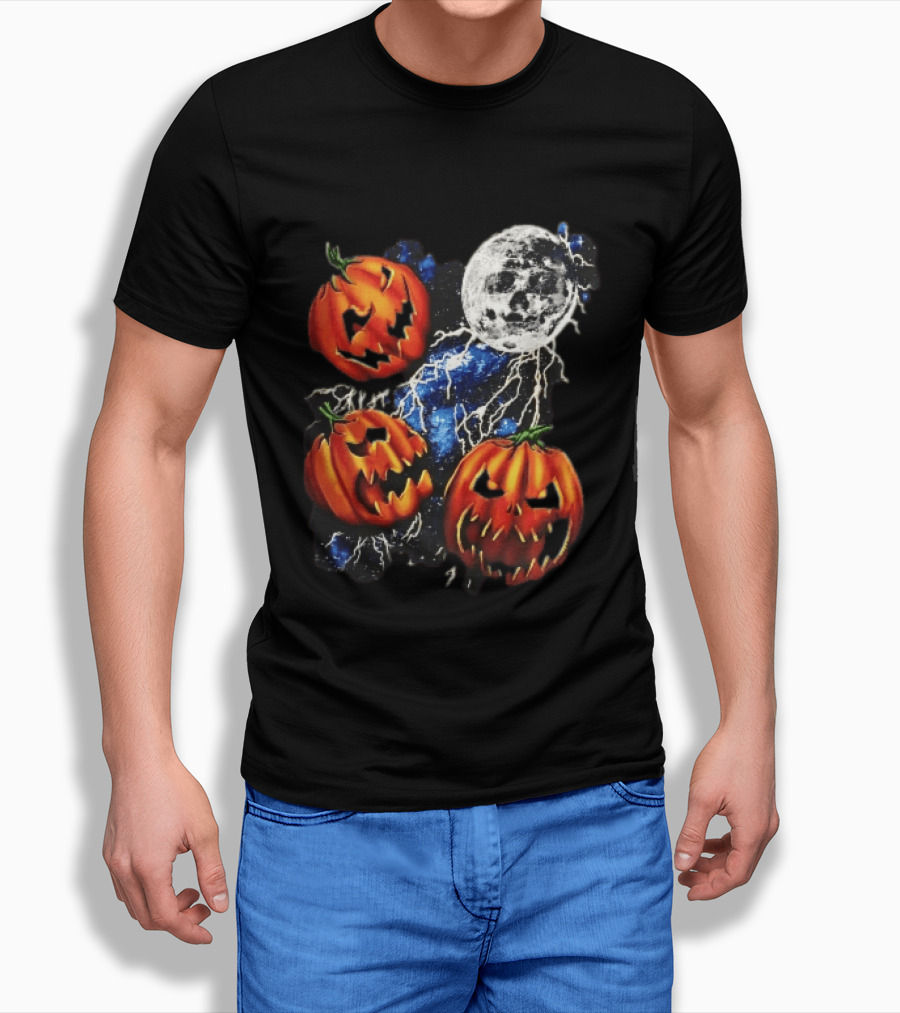 Halloween Pumpkins Skull Moon Lightning T-Shirt