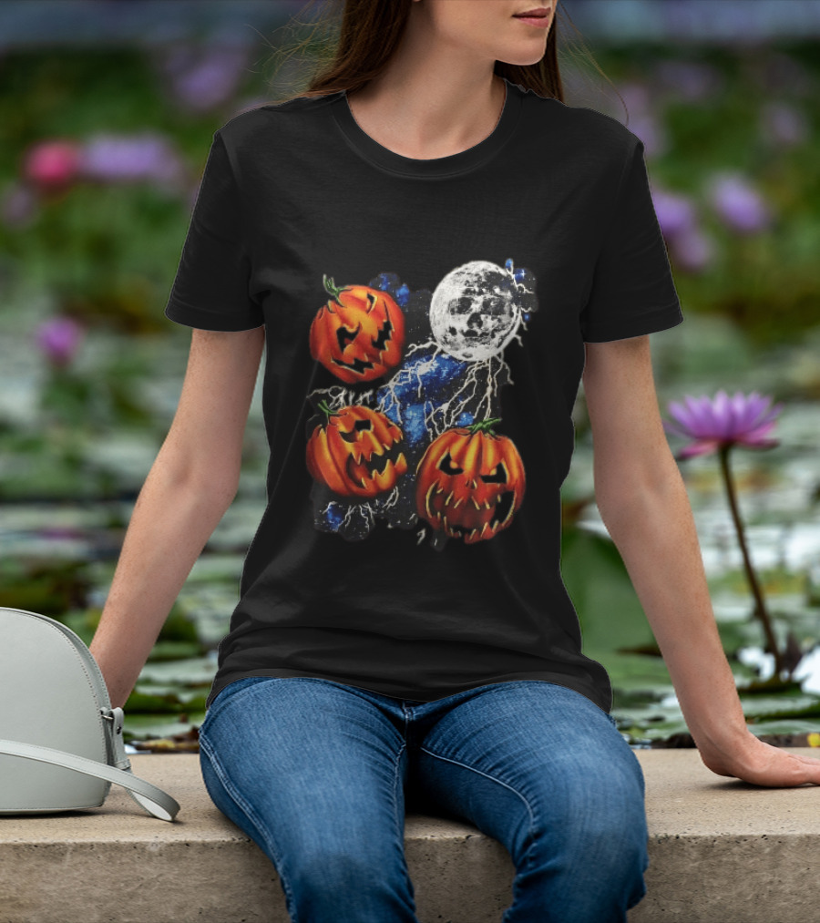 Halloween Pumpkins Skull Moon Lightning T-Shirt
