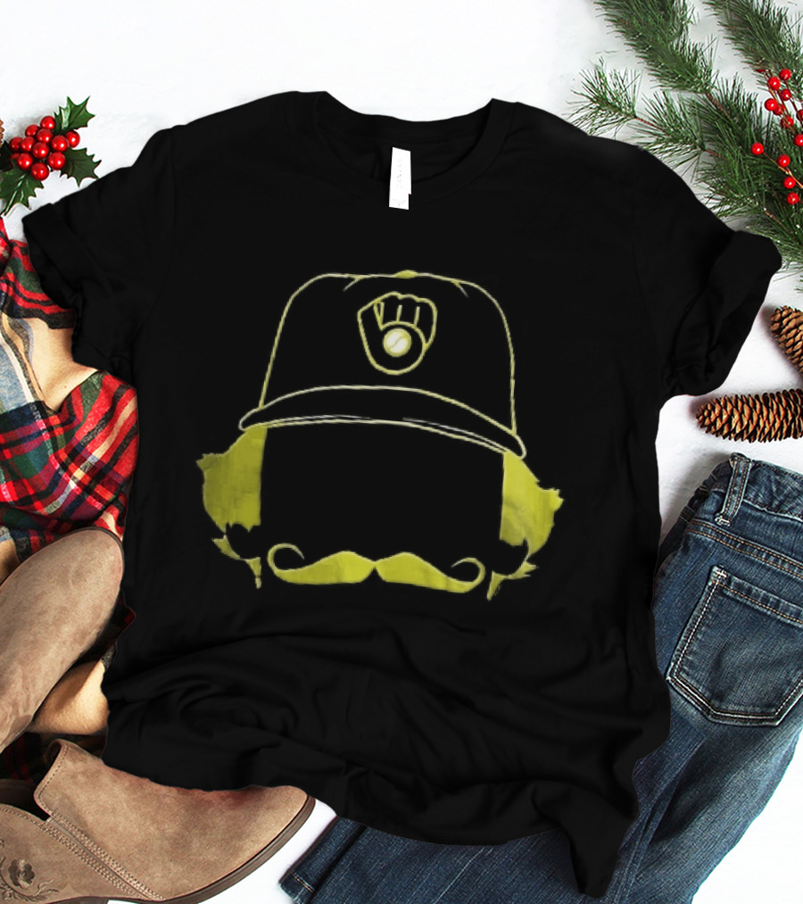 Milwaukee Brewers Iconic Logo Hat Mustache Hair T-Shirt