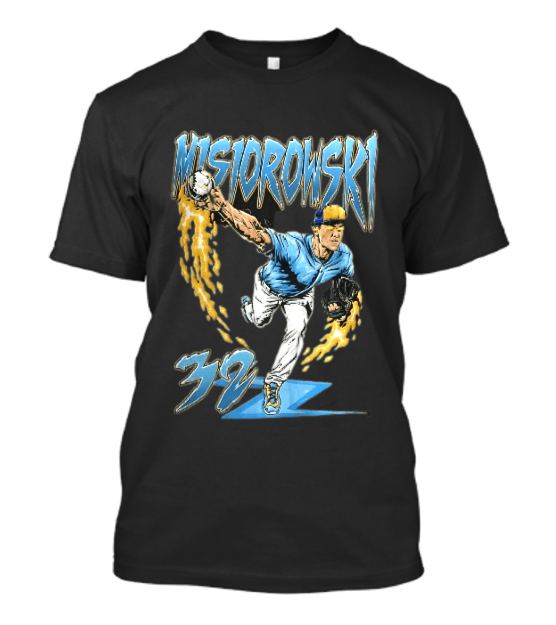 Misiorowski 32 Baseball Pitcher Throwing Flaming Ball In Action T-Shirt