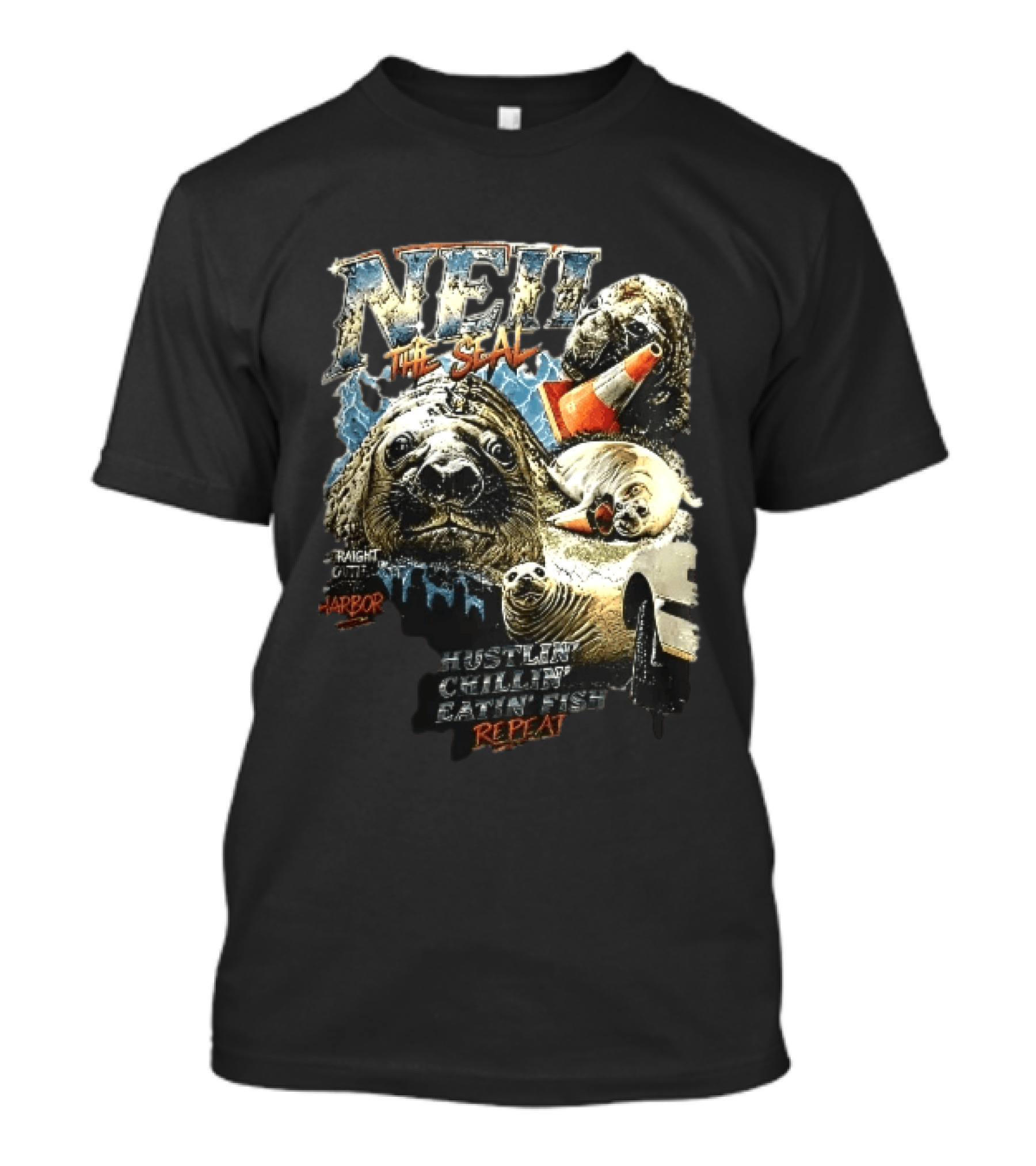 Neil The Seal Hustler Chillin Eating Fish Harbor Animal Warning Cone Repeat T-Shirt