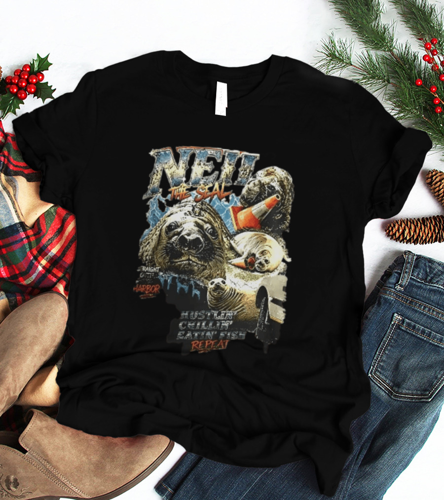 Neil The Seal Hustler Chillin Eating Fish Harbor Animal Warning Cone Repeat T-Shirt
