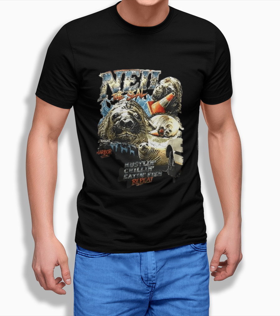 Neil The Seal Hustler Chillin Eating Fish Harbor Animal Warning Cone Repeat T-Shirt