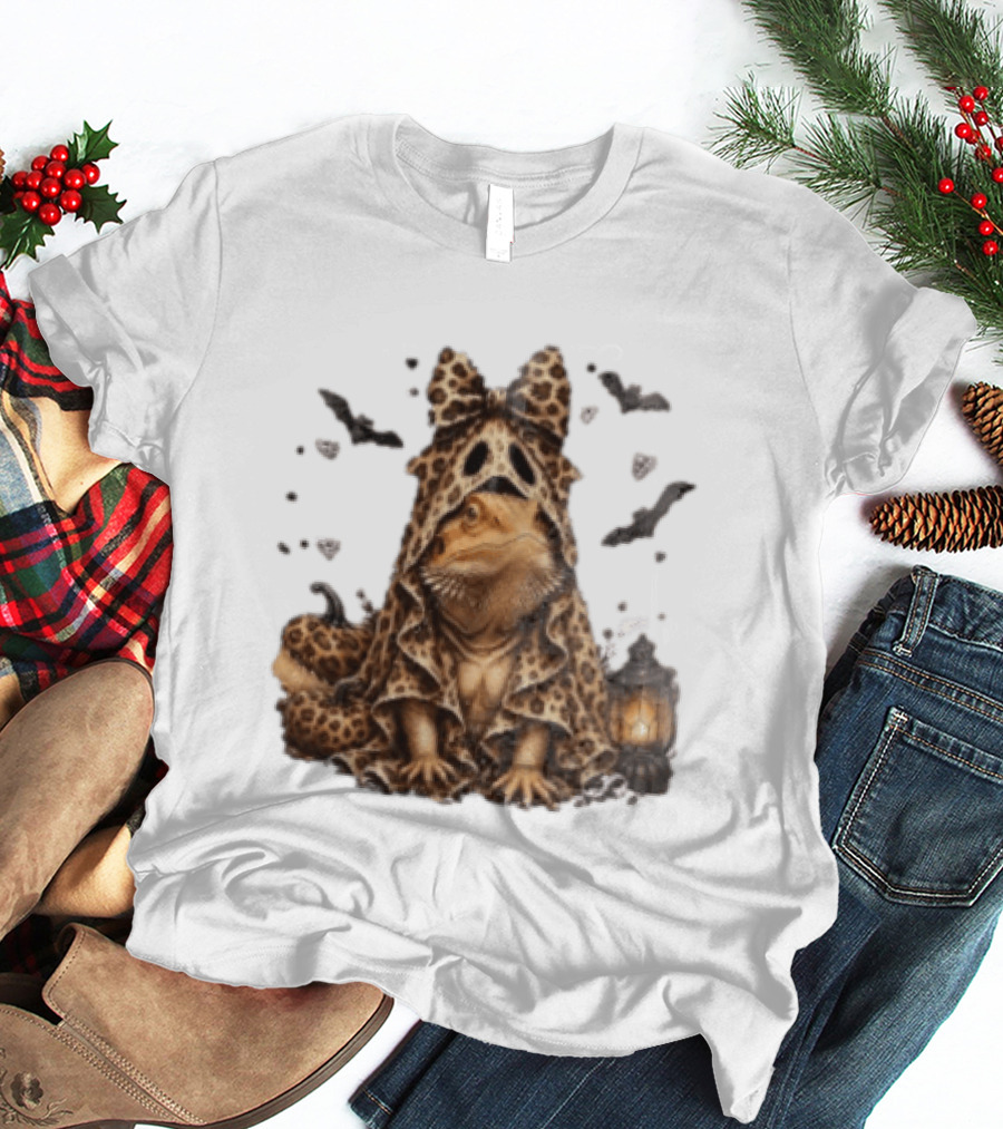 Bewitched Bearded Dragon Cloaked In Leopard Print With Lantern And Bats T-Shirt