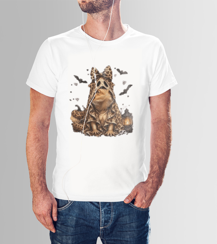Bewitched Bearded Dragon Cloaked In Leopard Print With Lantern And Bats T-Shirt