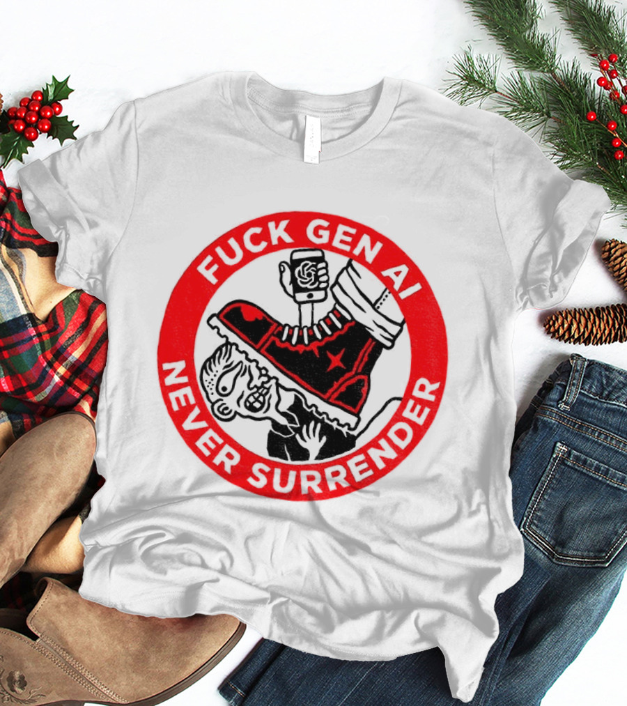 Fuck Gen AI Never Surrender Boot And Fist Circle T-Shirt