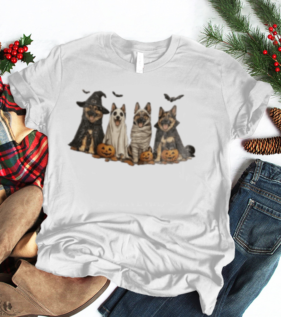German Shepherd Ghost Witch Mummy Halloween Pumpkins T-Shirt