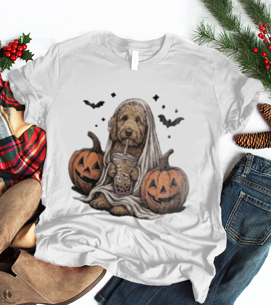 Goldendoodle Ghost With Boba Halloween Jack O'Lanterns And Bats T-Shirt